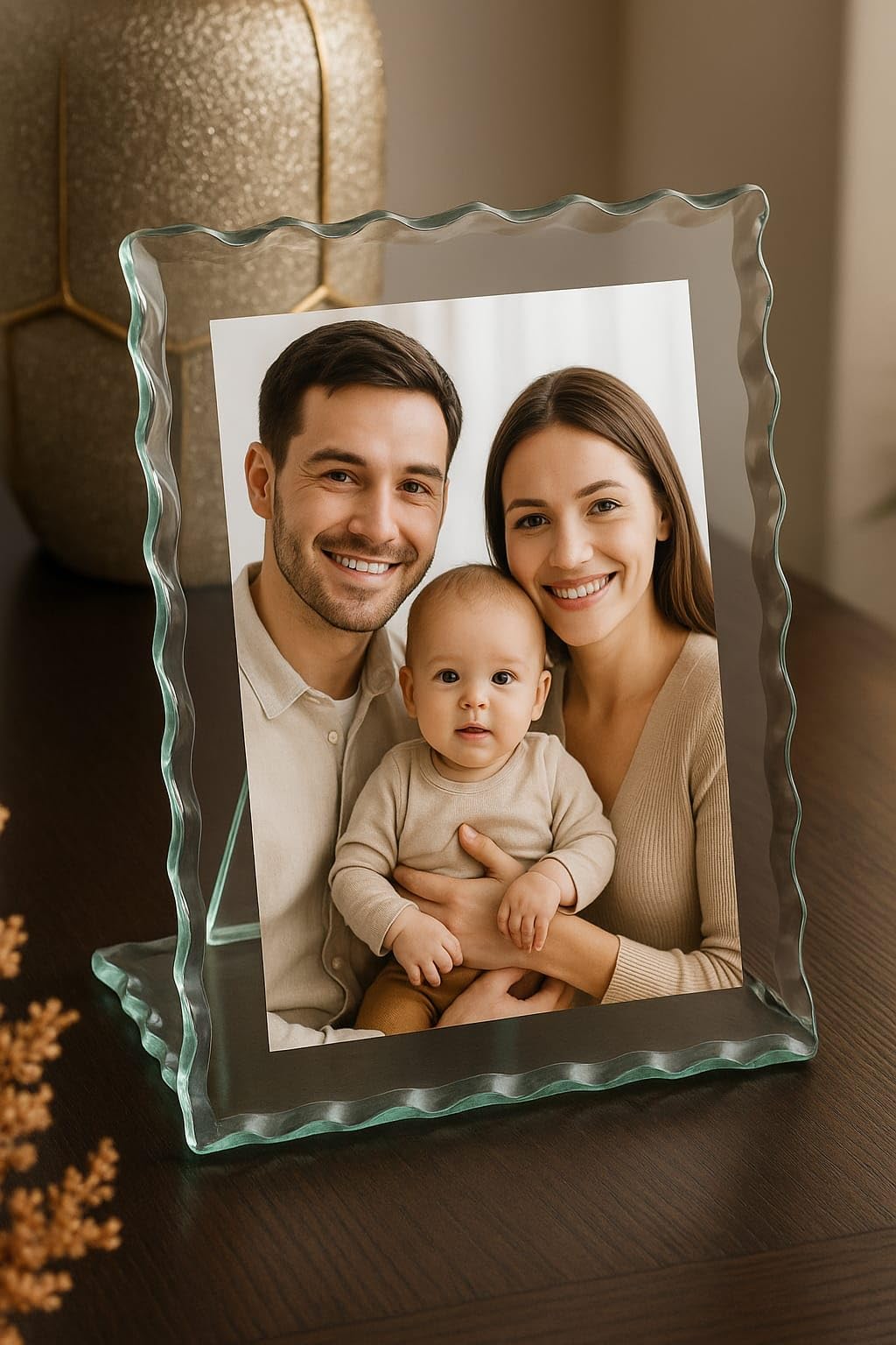 Custom Wavy-Edge Glass Photo Frame – Handmade Decorative Glass Picture Frame – Personalized Tabletop Display – Elegant Gift for Weddings, Anniversaries, or Home Décor