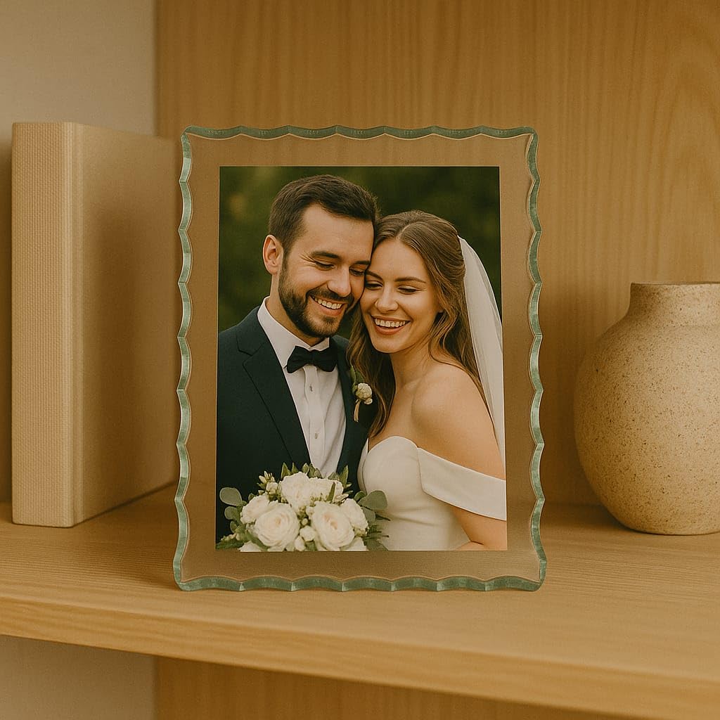 Custom Wavy-Edge Glass Photo Frame – Handmade Decorative Glass Picture Frame – Personalized Tabletop Display – Elegant Gift for Weddings, Anniversaries, or Home Décor