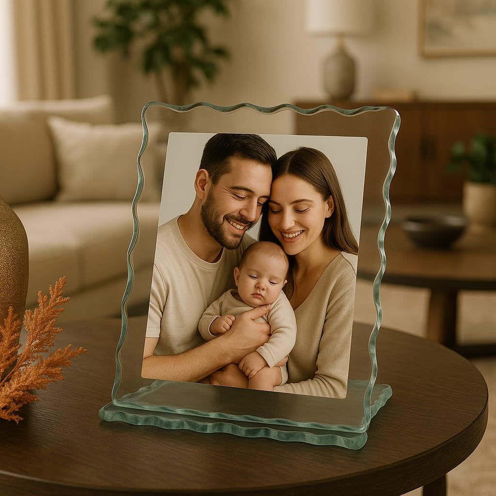 Custom Wavy-Edge Glass Photo Frame – Handmade Decorative Glass Picture Frame – Personalized Tabletop Display – Elegant Gift for Weddings, Anniversaries, or Home Décor