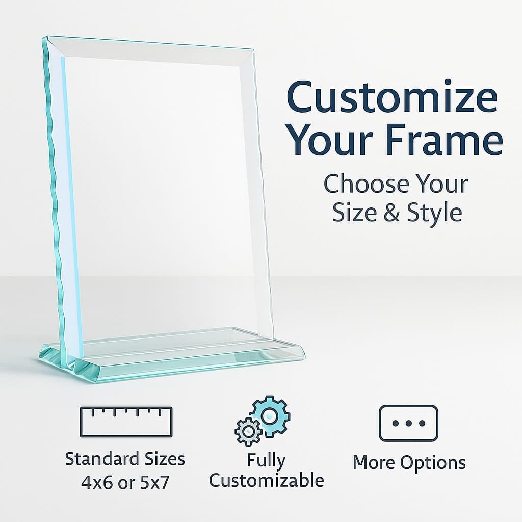 Custom Wavy-Edge Glass Photo Frame – Handmade Decorative Glass Picture Frame – Personalized Tabletop Display – Elegant Gift for Weddings, Anniversaries, or Home Décor