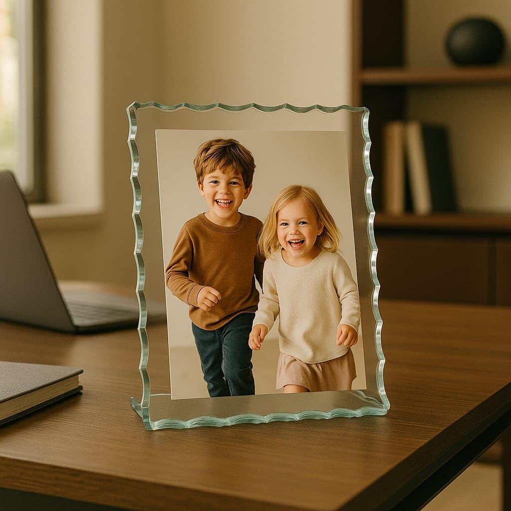 Custom Wavy-Edge Glass Photo Frame – Handmade Decorative Glass Picture Frame – Personalized Tabletop Display – Elegant Gift for Weddings, Anniversaries, or Home Décor